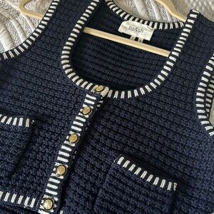 ba&sh Blue Cardigan with Textured Knit and Decorative Trim